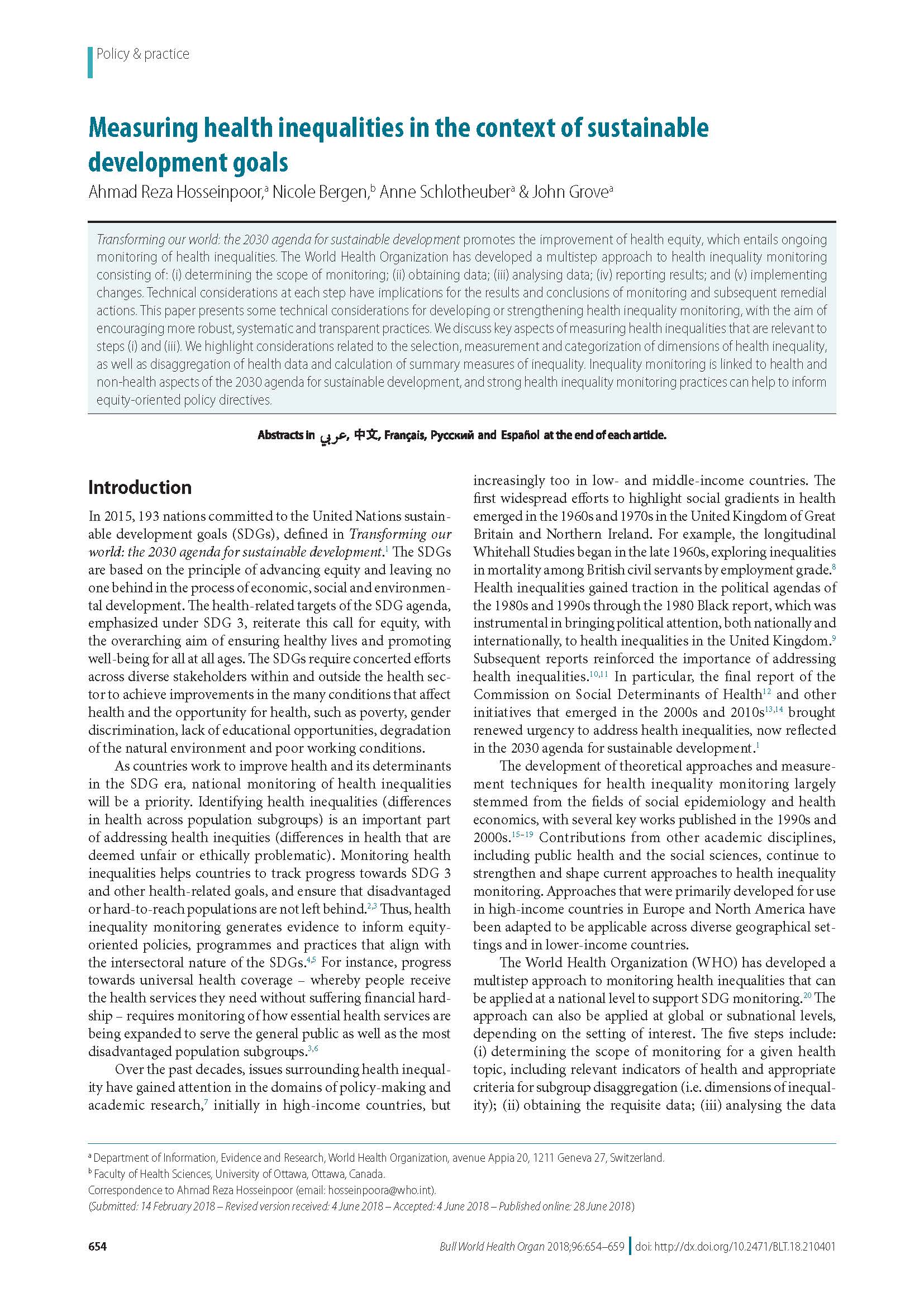 Measuring health inequalities in the context of sustainable development goals